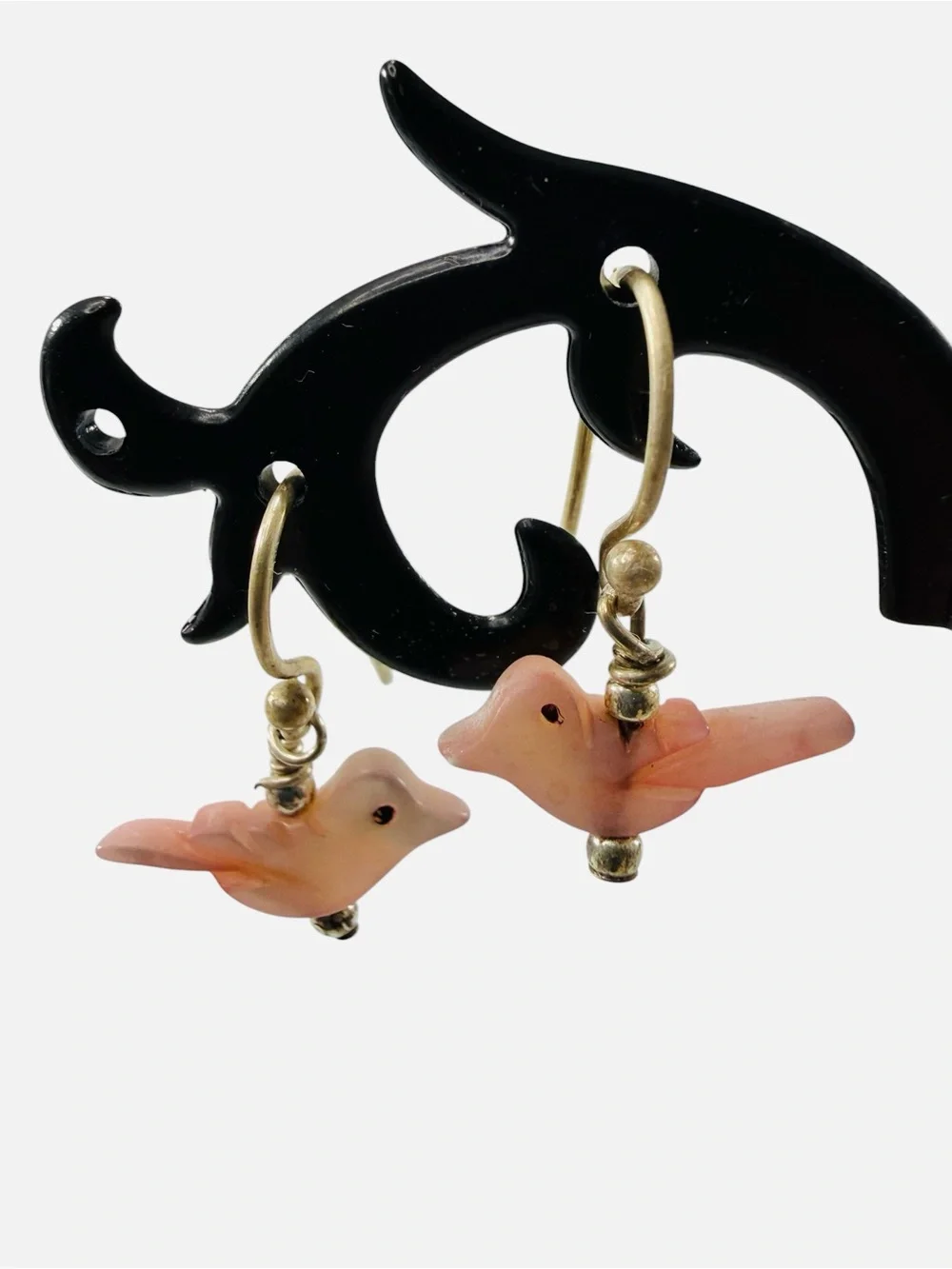 Sterling Silver Pink Mother Of Pearl Dove Bird Earrings Hook Carved Fetish